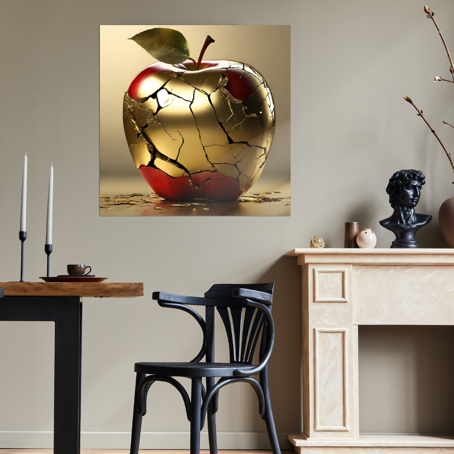 Metal wall art- Golden Spoiled apple- Original Abstract print 375x375 mm