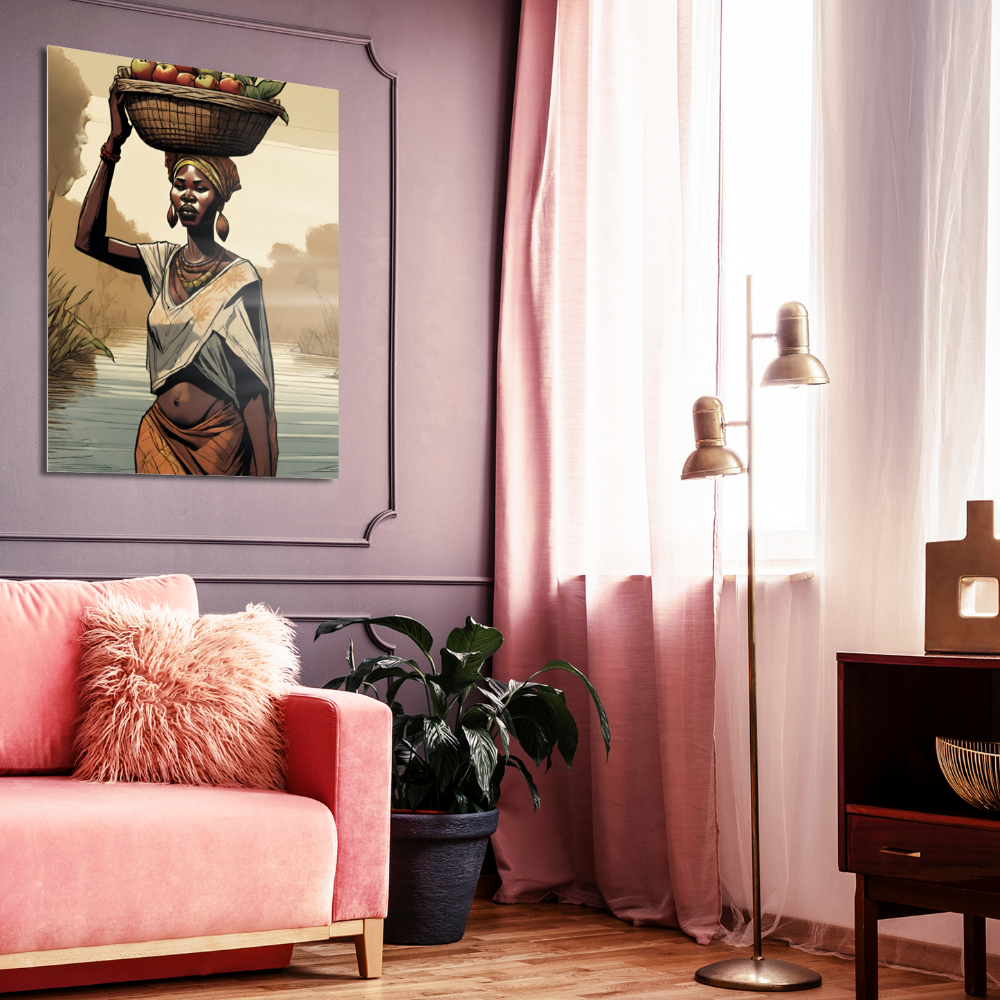 Metal Wall Art-Woman with apple basket- original modern print 500x375 mm