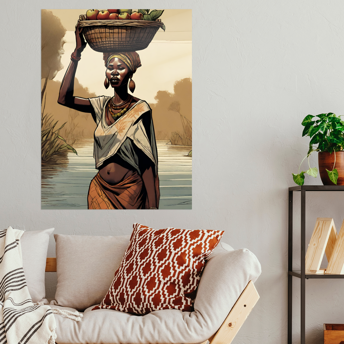Metal Wall Art-Woman with apple basket- original modern print 500x375 mm