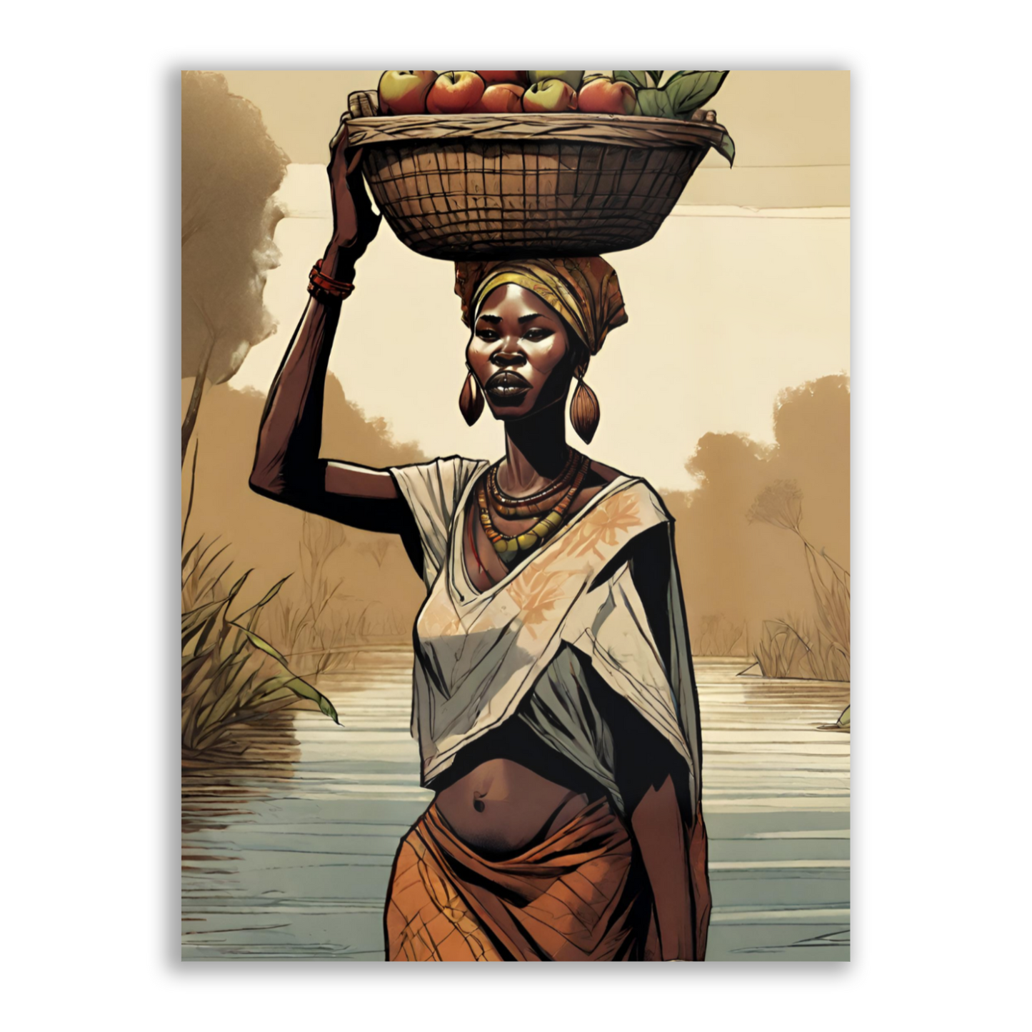Metal Wall Art-Woman with apple basket- original modern print 500x375 mm