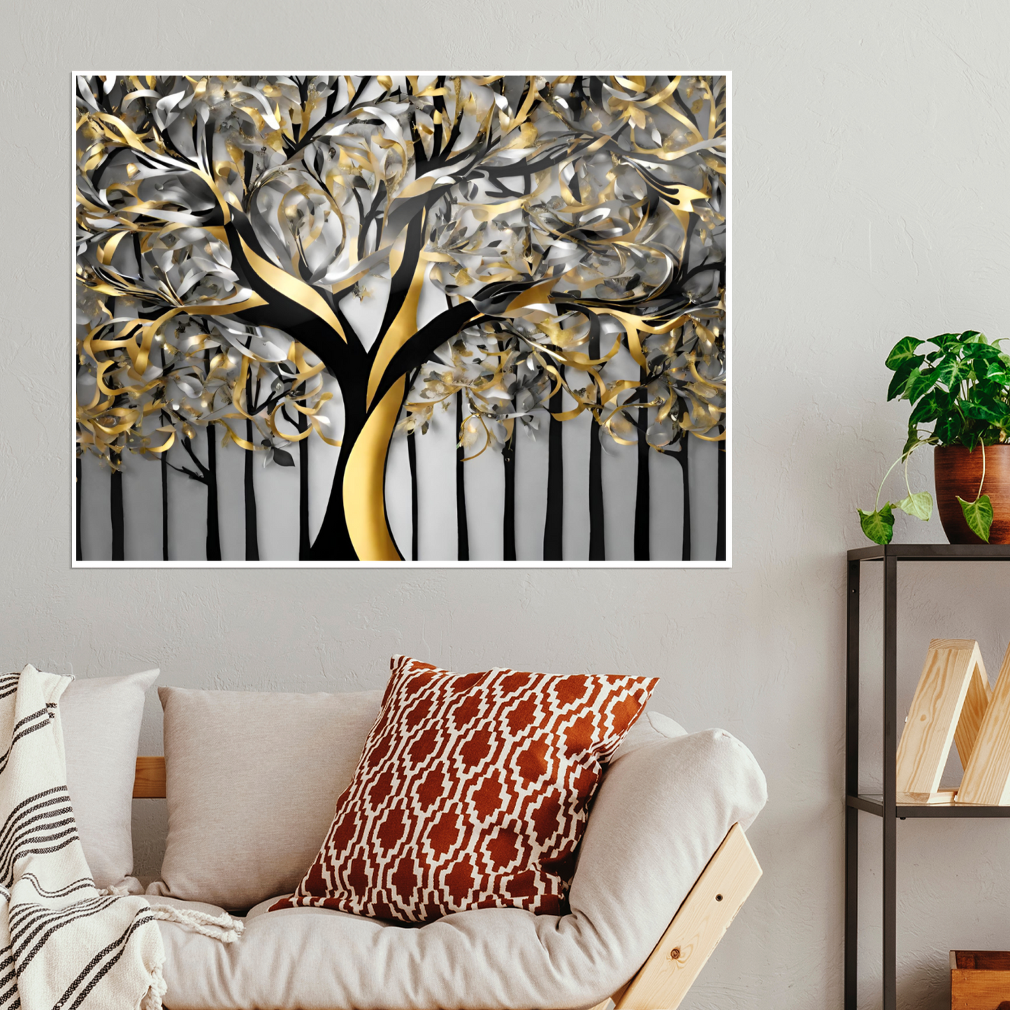 Metal Wall Art-Golden Tree-original abstract print- landscape orientation