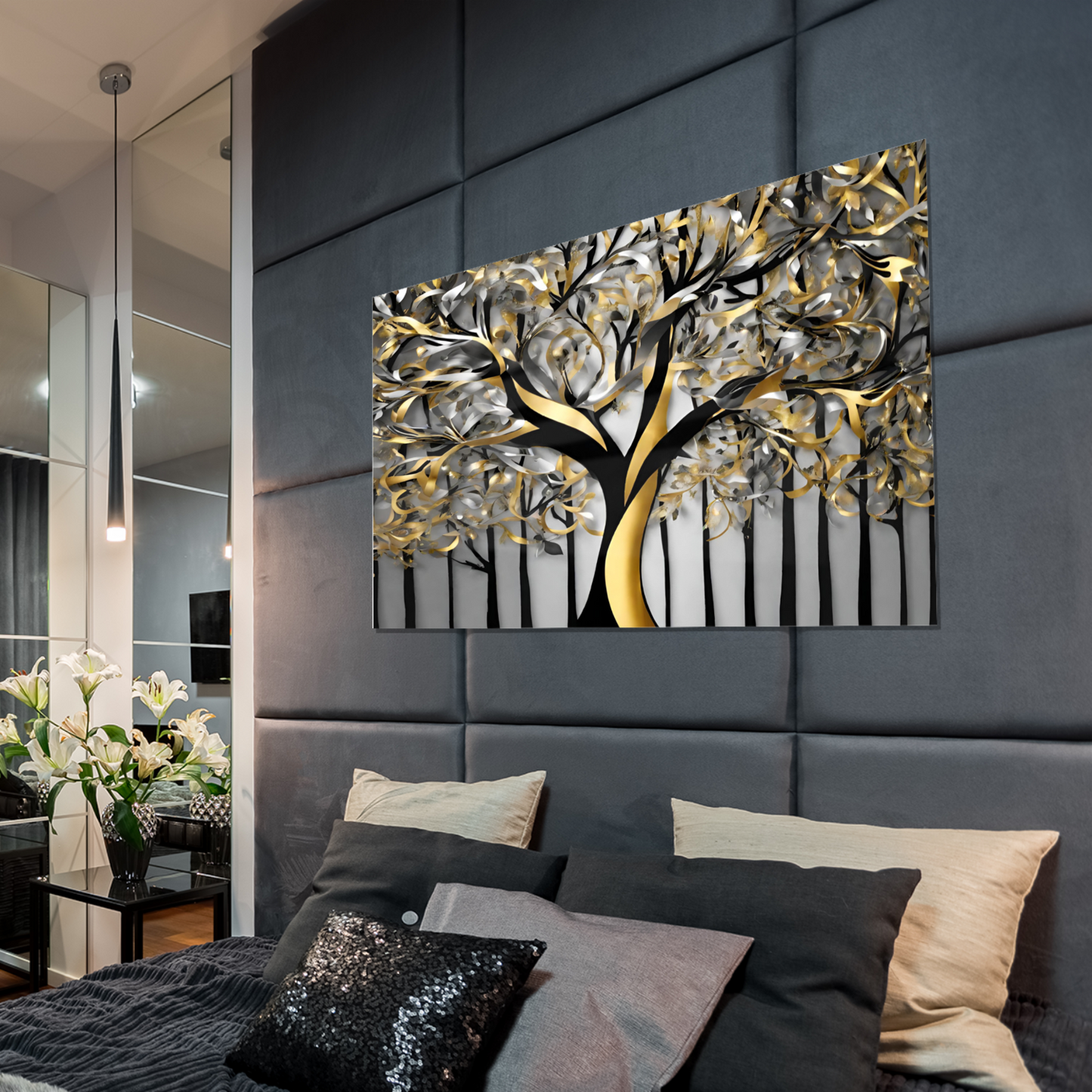 Metal Wall Art-Golden Tree-original abstract print- landscape orientation