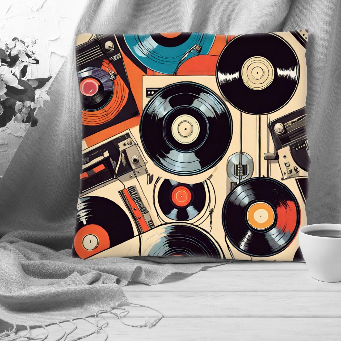 Plump Filled Cushion-Old vinyls design- Original abstract- 45x45 cm- double sided- Upholstery