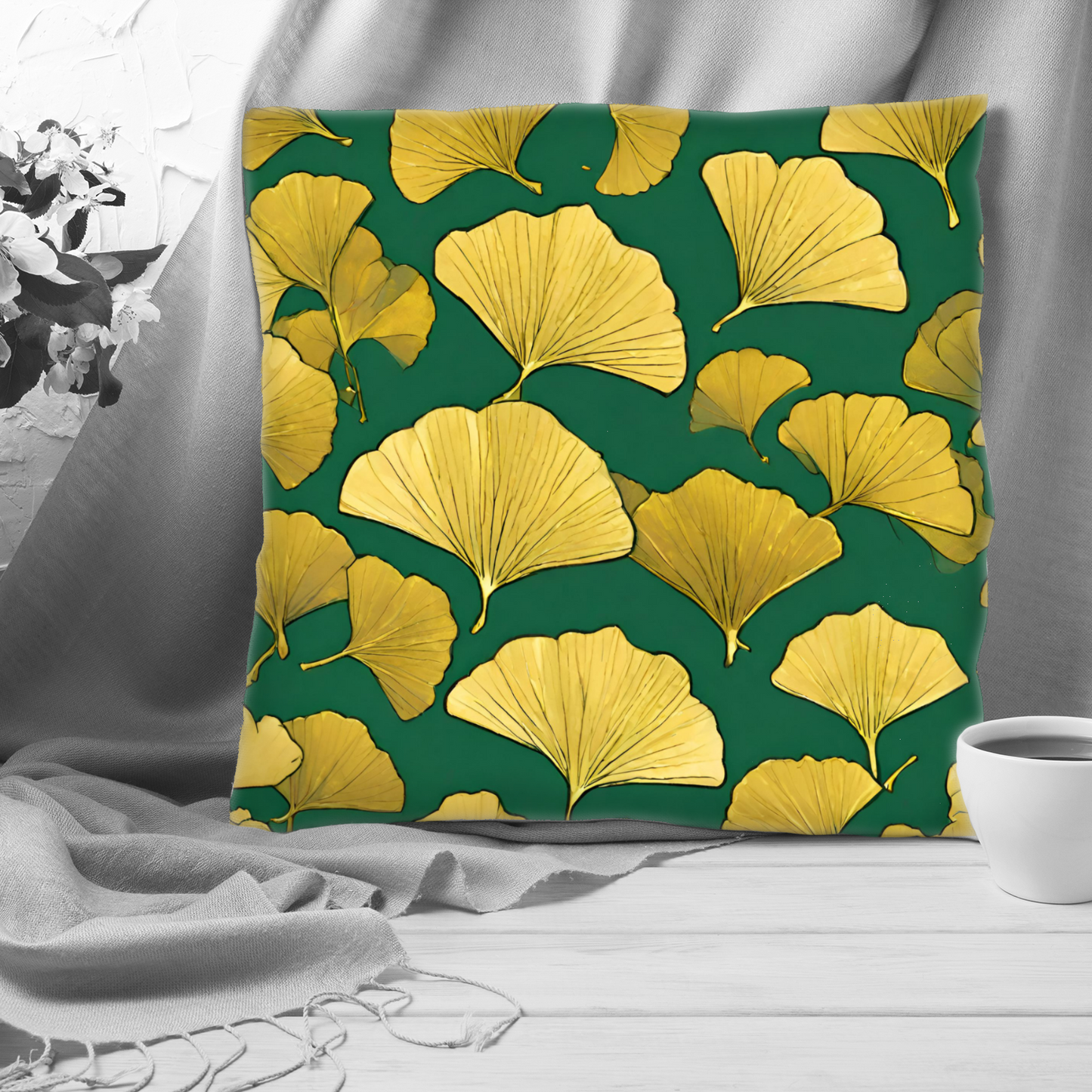 Plump Filled Cushion-Gold Ginkgo design- Original abstract- 45x45 cm- double sided- Upholstery