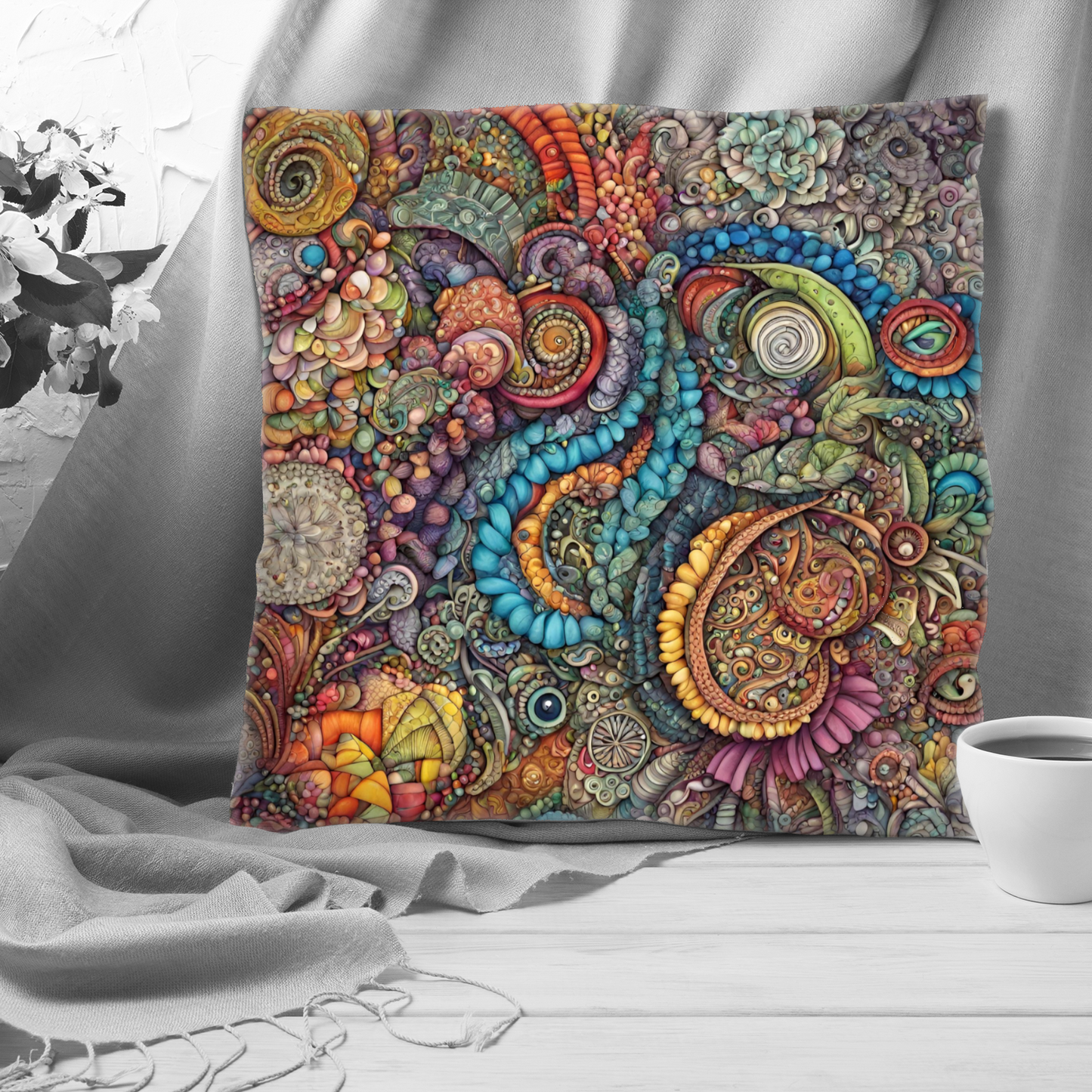 Plump Filled Cushion-Zentangle pattern design- Original abstract- 45x45 cm- double sided- Upholstery