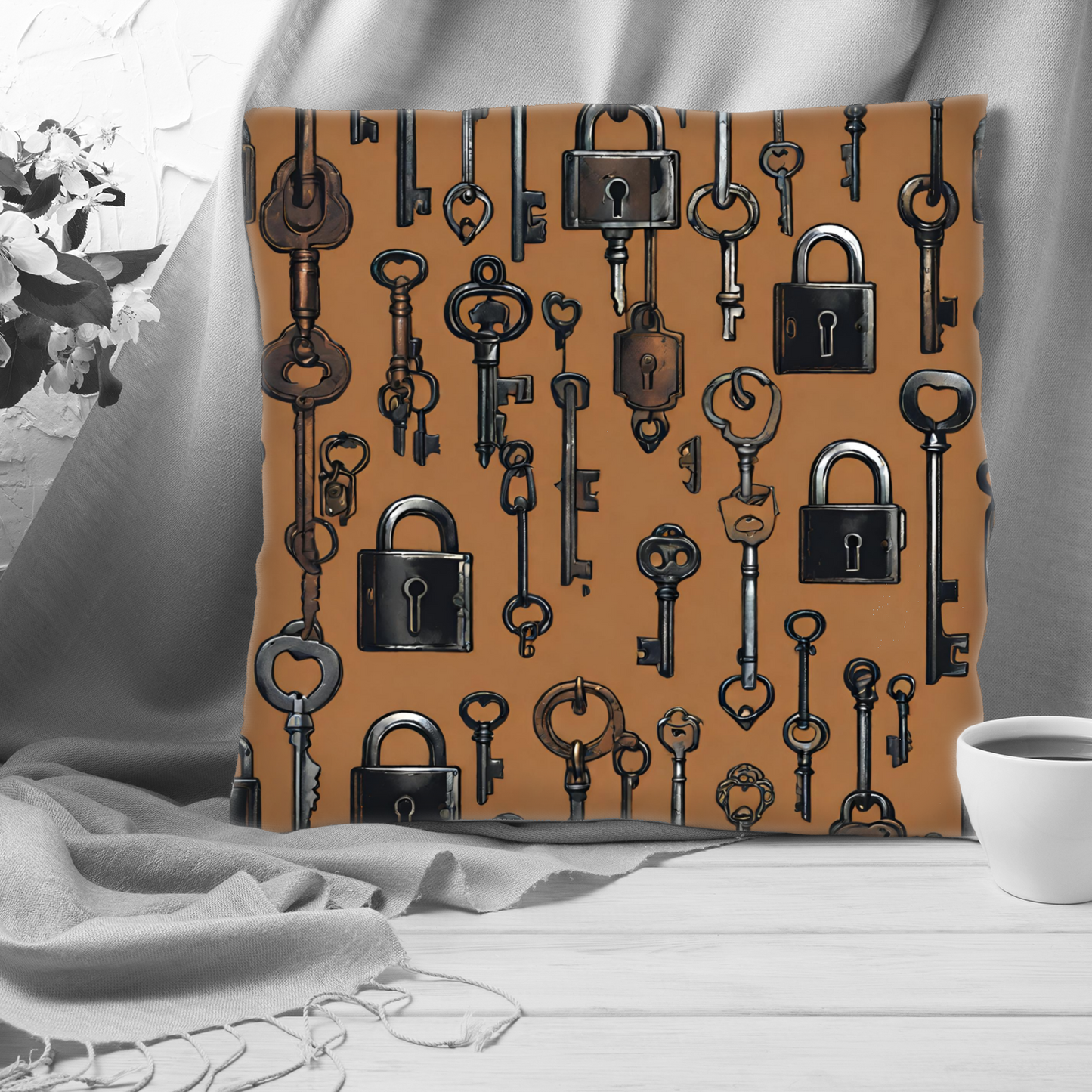 Plump Filled Cushion -Rusty Keys pattern design- size options- Original abstract design