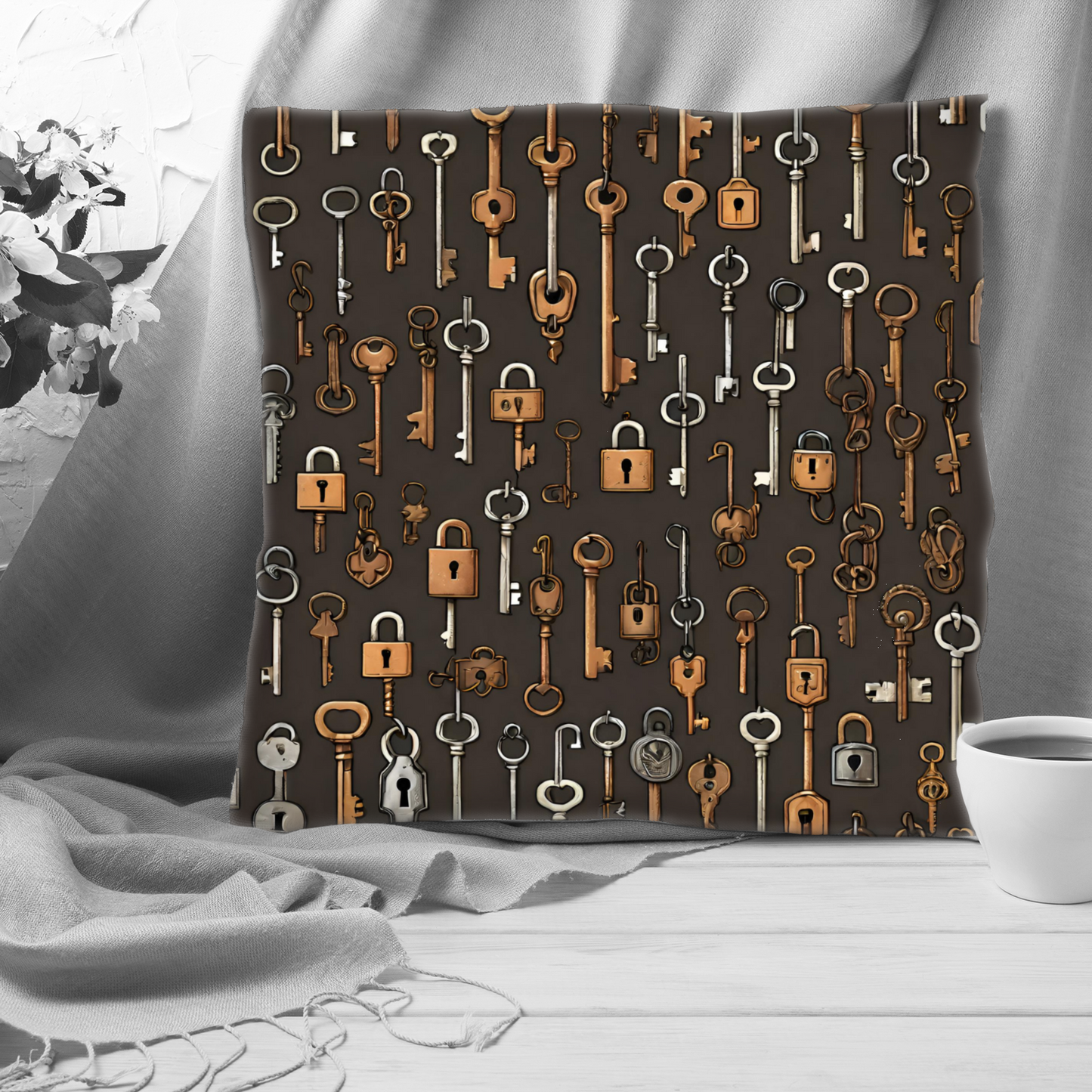 Plump Filled Cushion -Keys & padlocks pattern design- size options- Original abstract design