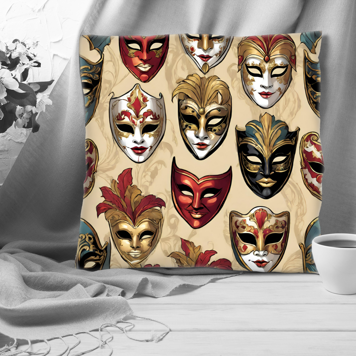 Plump Filled Cushion -Venetian Mask pattern design- size options- Original abstract design