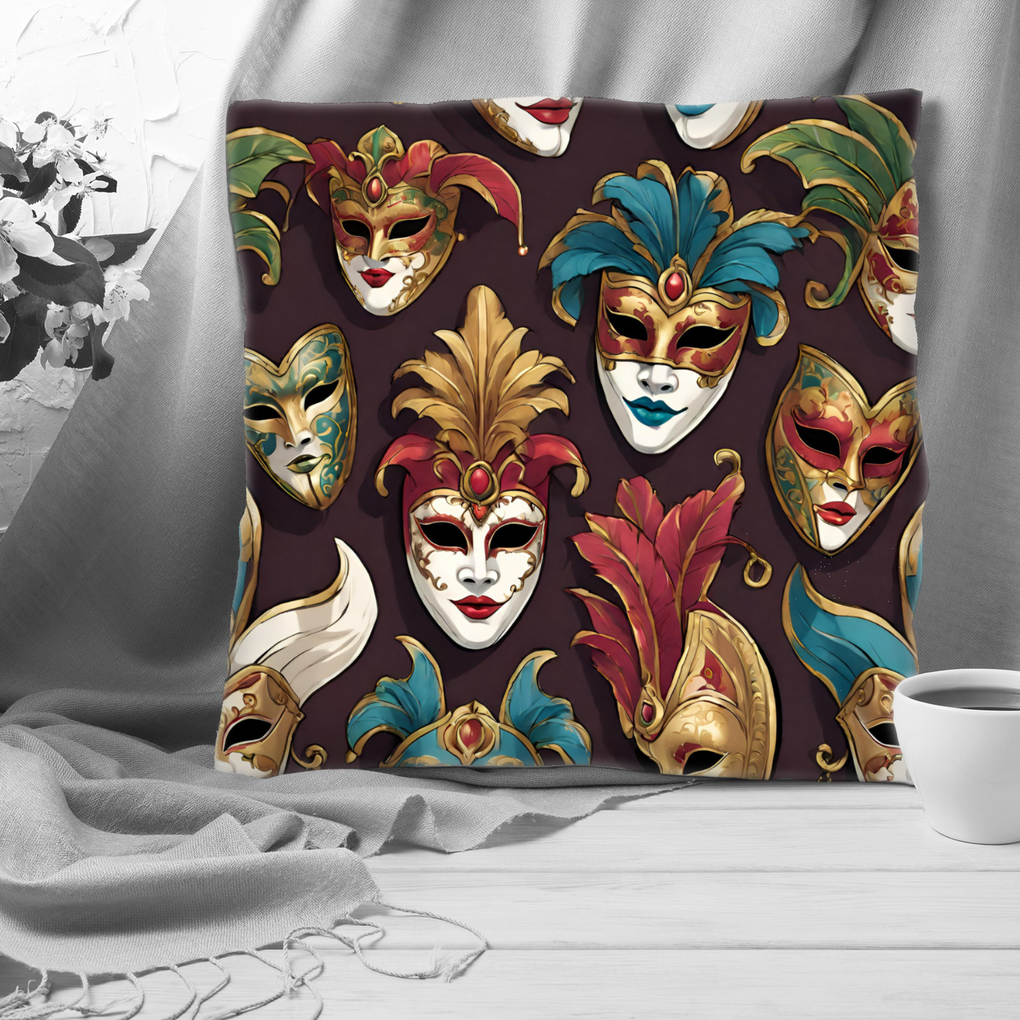 Plump Filled Cushion -Venice Mask pattern design- size options- Original abstract design