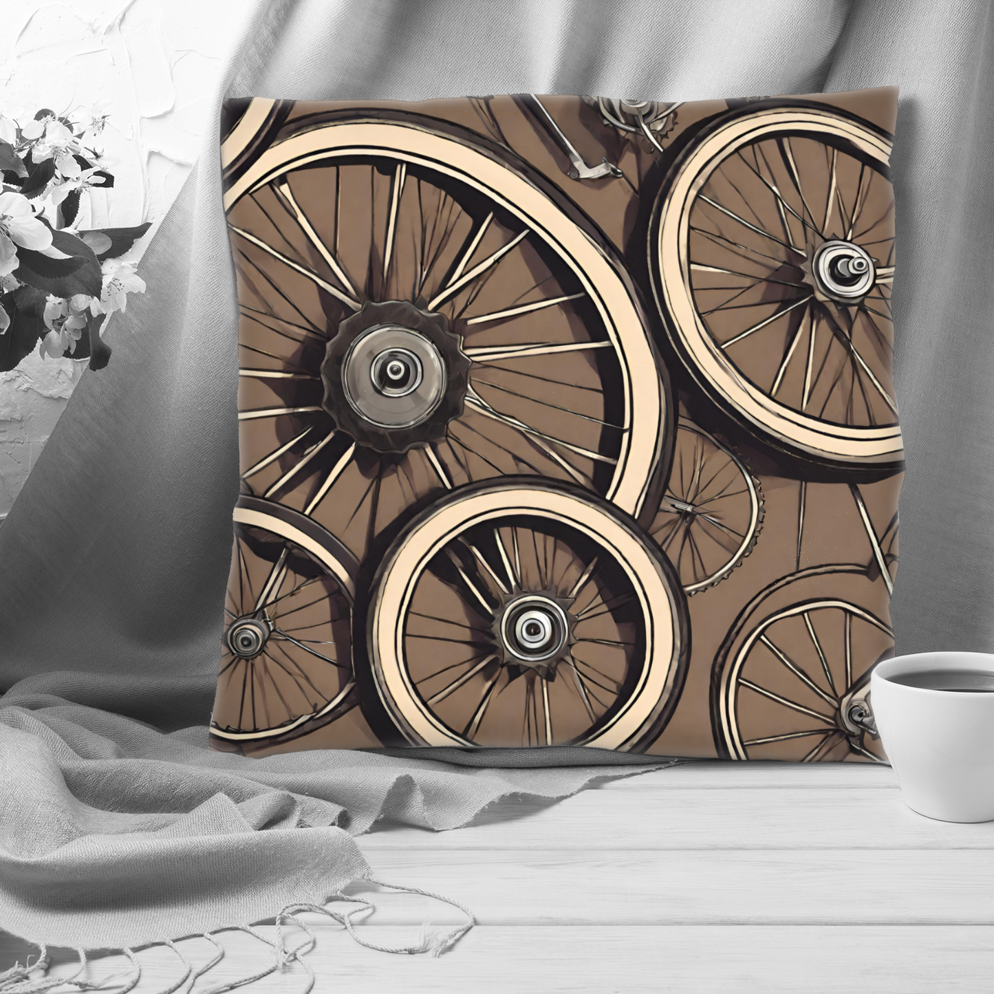 Plump Filled Cushion -Bike Wheels pattern design- size options- Original abstract design
